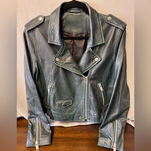 NWOT Rare Amaryllis Forrest Green/Dark Teal leather moto jacket. Size Large